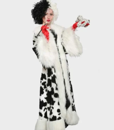 Emma Stone Cruella Black Dot White Shearling Coat