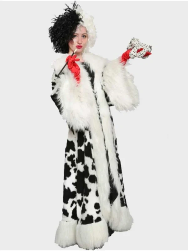 Emma Stone Cruella Black Dot White Shearling Coat