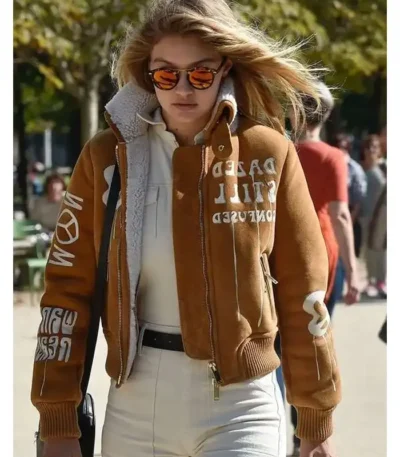 Gigi Hadid Brown Suede Bomber Jacket