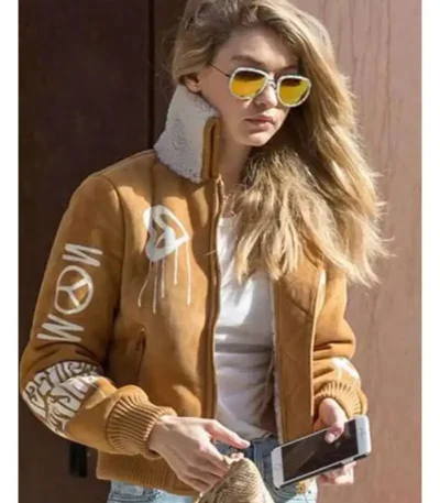 Gigi Hadid Brown Suede Bomber Jacket