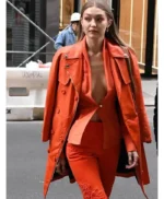 Gigi Hadid Orange Leather Coat
