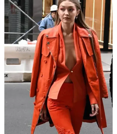 Gigi Hadid Orange Leather Coat