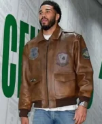 Jayson Tatum Brown Leather Bomber Jacket