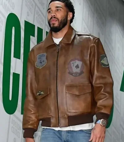 Jayson Tatum Brown Leather Bomber Jacket