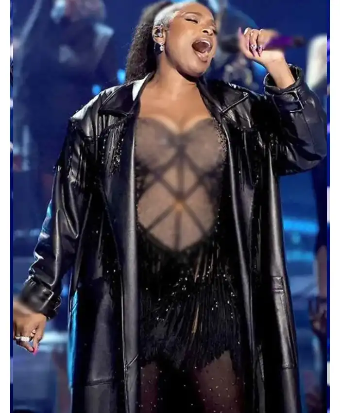 Jennifer Hudson 2024 Black Leather Trench Coat Jennifer Hudson 2024 Black Leather Trench Coat