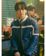 AKang Tae-Pung Typhoon Family Blue Leather Jacket