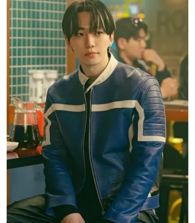 AKang Tae-Pung Typhoon Family Blue Leather Jacket