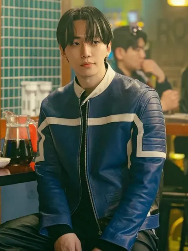 AKang Tae-Pung Typhoon Family Blue Leather Jacket