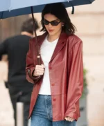 Kendal Jenner Paris 2025 Maroon Leather Blazer