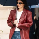Kendal Jenner Paris 2025 Maroon Leather Blazer