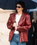 Kendal Jenner Paris 2025 Maroon Leather Blazer