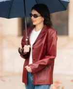 Kendal Jenner Paris 2025 Maroon Leather Blazer