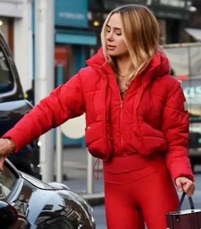 Kimberley Garner Red Puffer Hooded Jacket