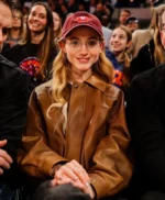 Knicks Game Natalia Dyer Brown Leather Jacket