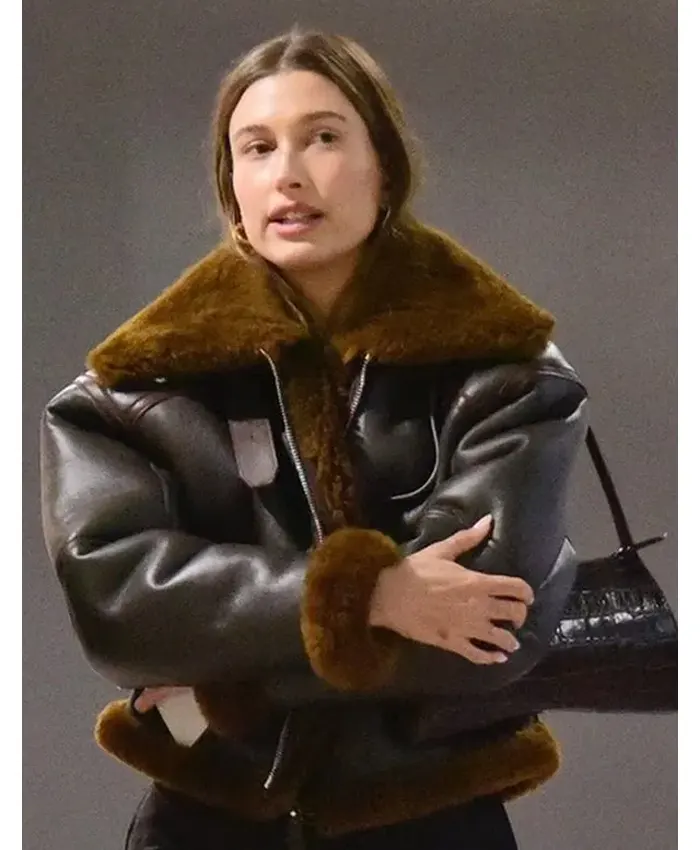 LA Hailey Bieber Shearling Leather Jacket LA Hailey Bieber Shearling Leather Jacket
