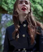 Lily Collins Inheritance Black Leather Trench Coat