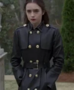 Lily Collins Inheritance Black Leather Trench Coat
