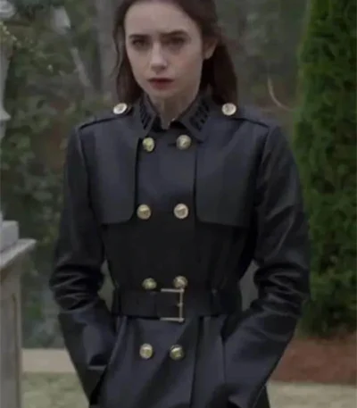 Lily Collins Inheritance Black Leather Trench Coat