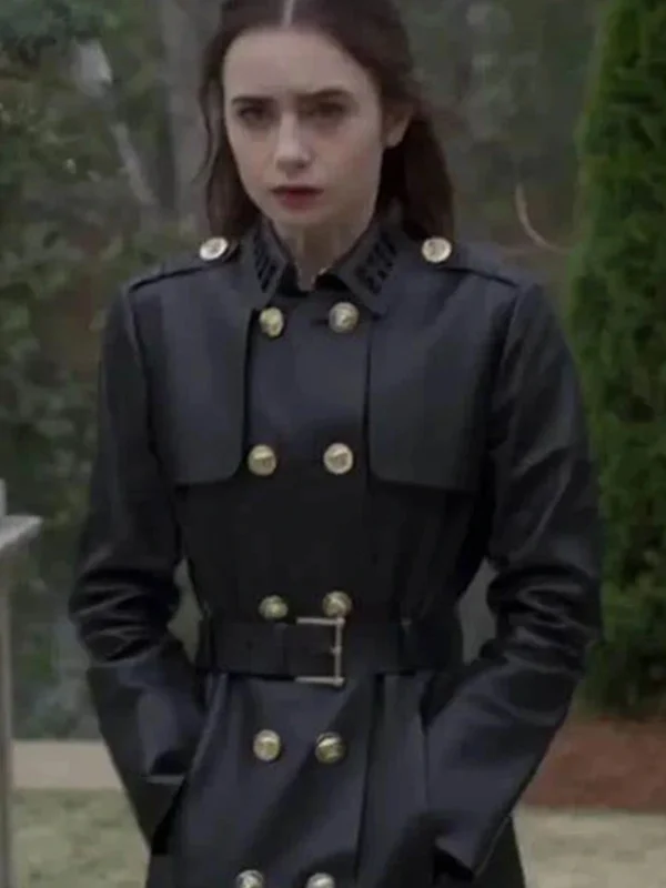 Lily Collins Inheritance Black Leather Trench Coat