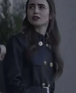 Lily Collins Inheritance Black Leather Trench Coat