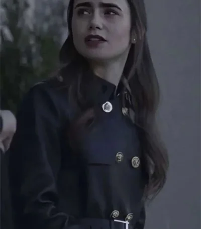 Lily Collins Inheritance Black Leather Trench Coat