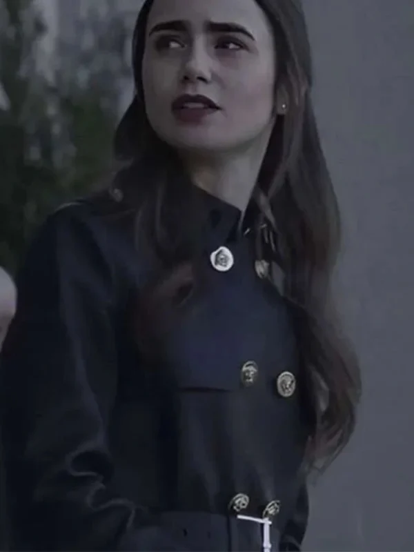 Lily Collins Inheritance Black Leather Trench Coat