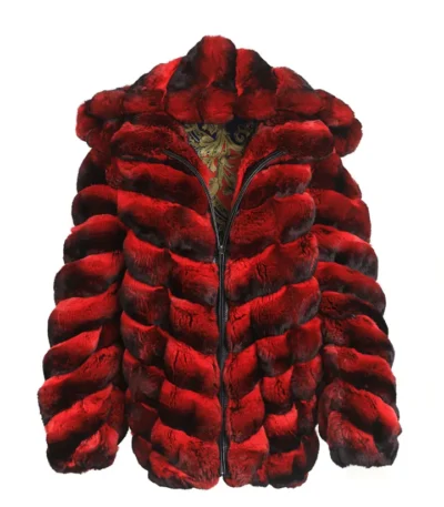 Mens Red and Black Hooded Chinchilla Bomber Coat
