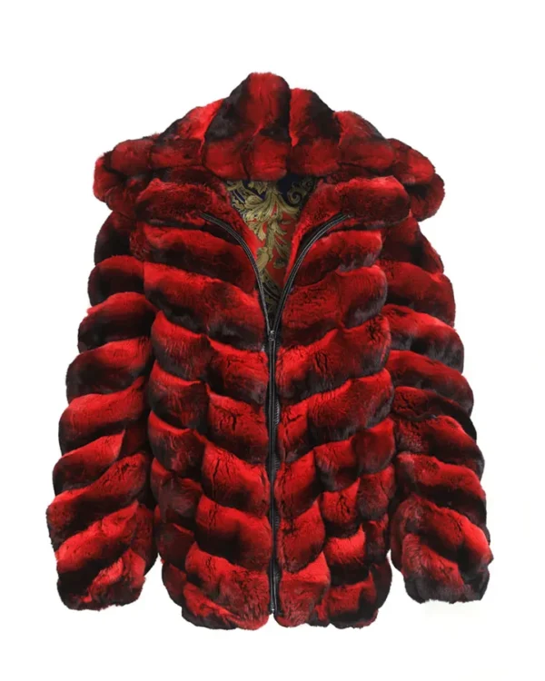 Mens Red and Black Hooded Chinchilla Bomber Coat