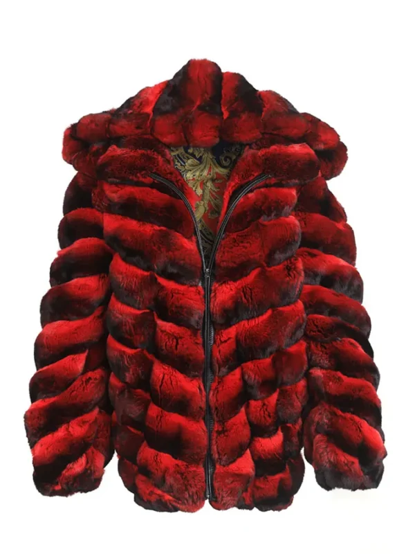 Mens Red and Black Hooded Chinchilla Bomber Coat