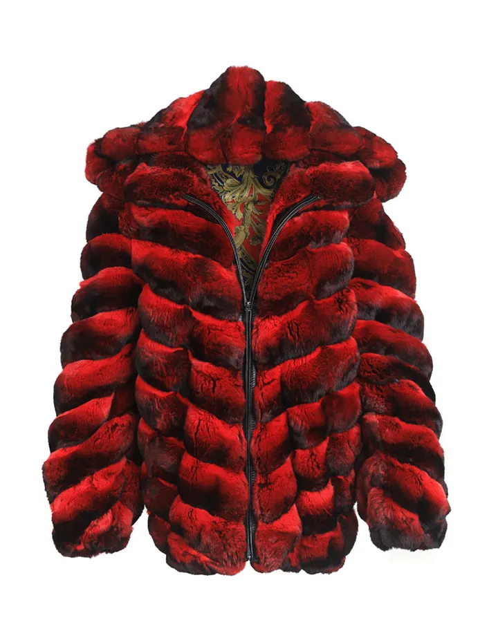 Mens Red and Black Hooded Chinchilla Bomber Coat Mens Red and Black Hooded Chinchilla Bomber Coat