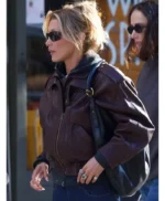 NYC 2026 Bella Hadid Brown Leather Jacket