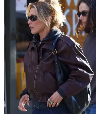 NYC 2026 Bella Hadid Brown Leather Jacket