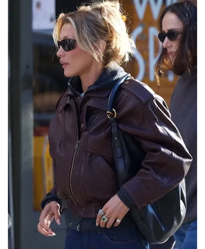 NYC 2026 Bella Hadid Brown Leather Jacket NYC 2026 Bella Hadid Brown Leather Jacket