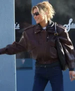 NYC 2026 Bella Hadid Brown Leather Jacket
