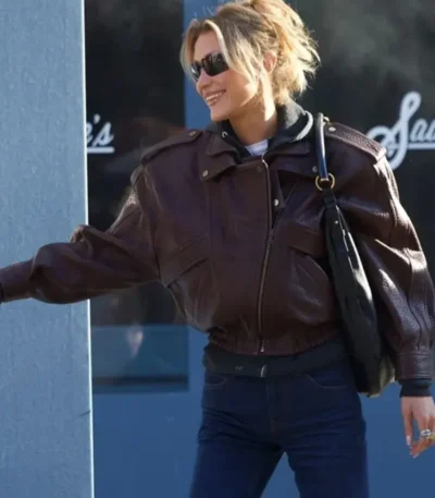 NYC 2026 Bella Hadid Brown Leather Jacket