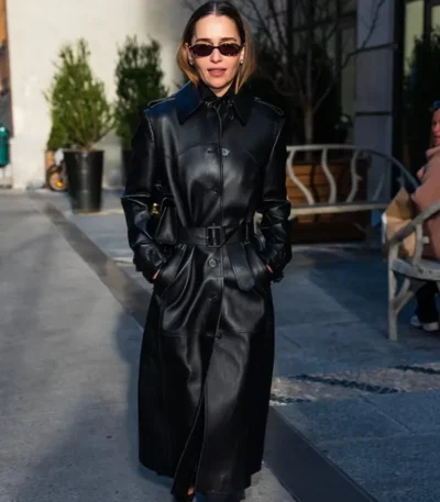 NYC 2026 Emilia Clarke Leather Coat