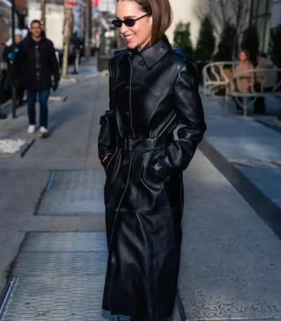 NYC 2026 Emilia Clarke Leather Coat