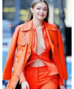 Gigi Hadid Orange Leather Coat