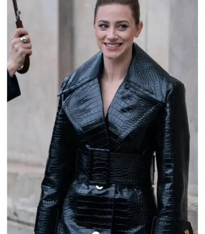 PFW 2026 Lili Reinhart Black Leather Coat