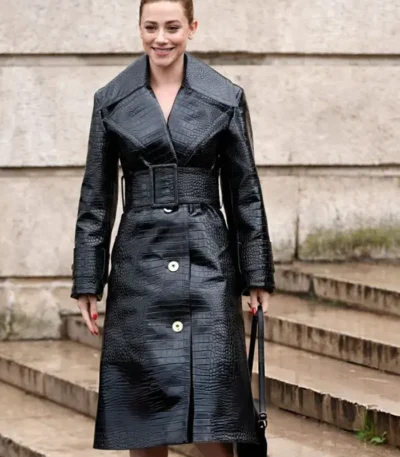 PFW 2026 Lili Reinhart Black Leather Coat
