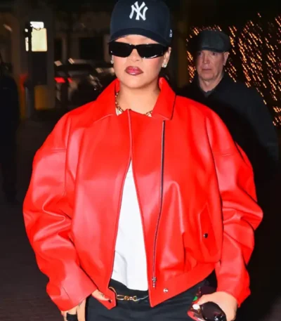 Rihanna Oversized Red Leather Jacket