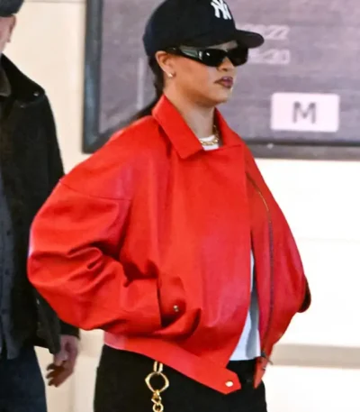 Rihanna Oversized Red Leather Jacket