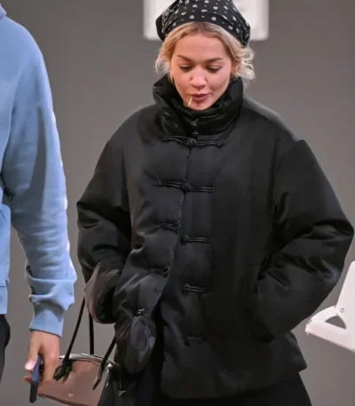 Rita Ora Black Satin Puffer Jacket