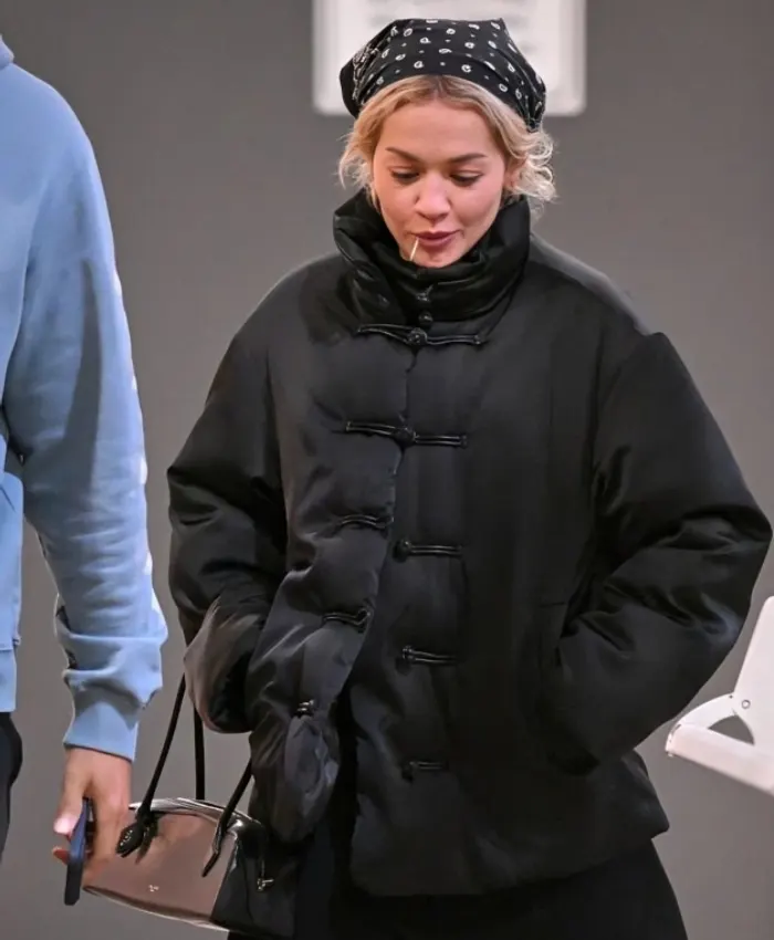 Rita Ora Black Satin Puffer Jacket Rita Ora Black Satin Puffer Jacket