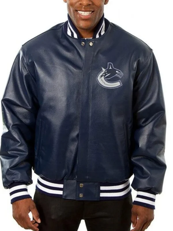 Vancouver Canucks Navy Blue Leather Varsity Jacket