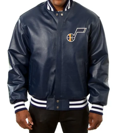 Varsity Utah Jazz Navy Blue Leather Jacket