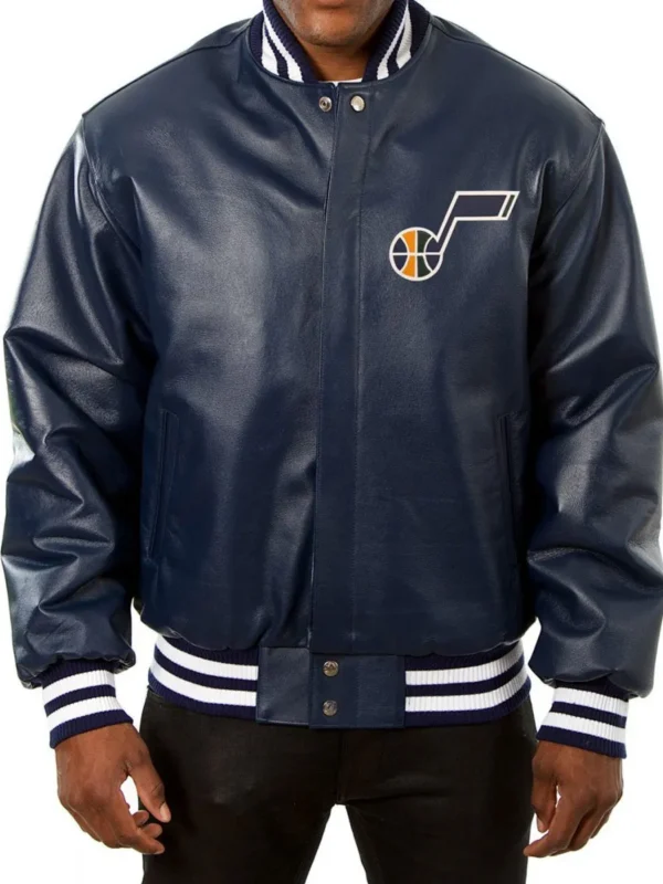 Varsity Utah Jazz Navy Blue Leather Jacket