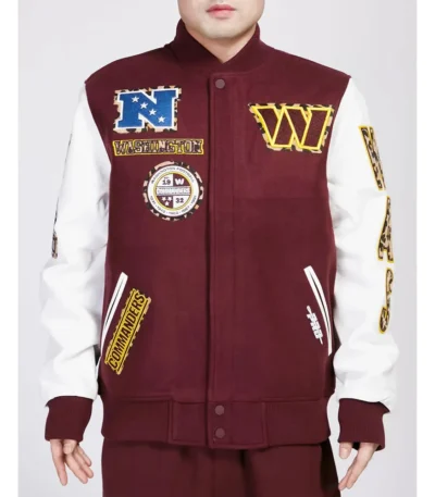Washington Commanders Animal Patches Wine Varsity Jacket