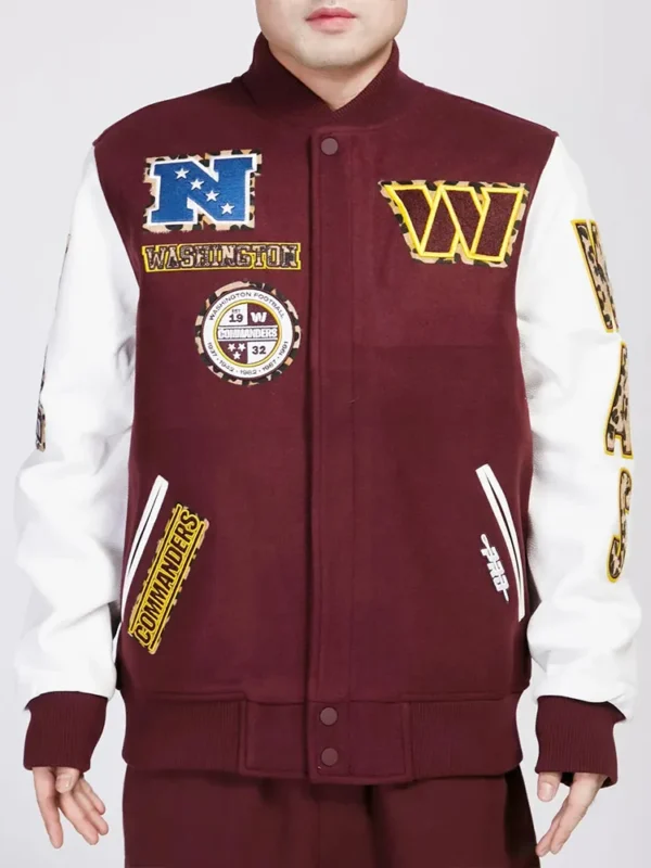 Washington Commanders Animal Patches Wine Varsity Jacket