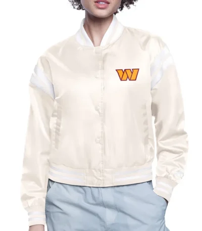 Washington Commanders Round Team Logo Cropped Cream Satin Jacket